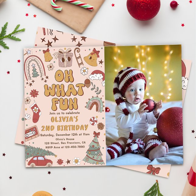 Retro Rainbow Christmas Tree Birthday Party Photo Invitation (Creator Uploaded)