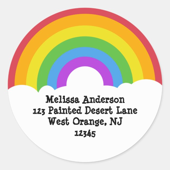 Retro Rainbow & Clouds Round Return Address Label (Front)