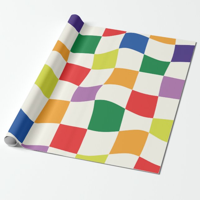 Retro Rainbow Colourful Warped Checkerboards  Wrapping Paper (Unrolled)