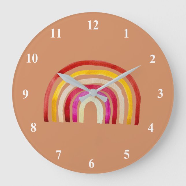 Retro Rainbow cute watercolor Large Clock (Front)