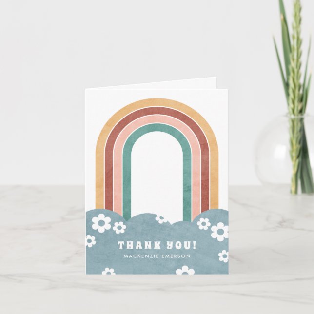 Retro Rainbow & Daisies Thank You Card - Teal (Front)