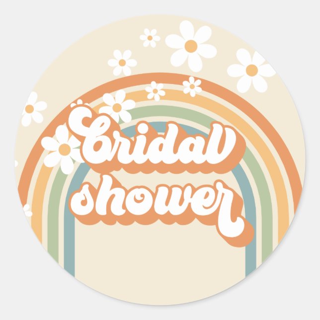 Retro Rainbow Daisy Groovy bridal shower Classic Round Sticker (Front)