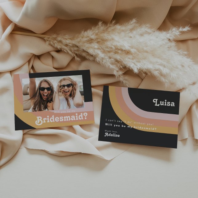Retro Rainbow Dark Photo Bridesmaid Proposal Card (Creator Uploaded)