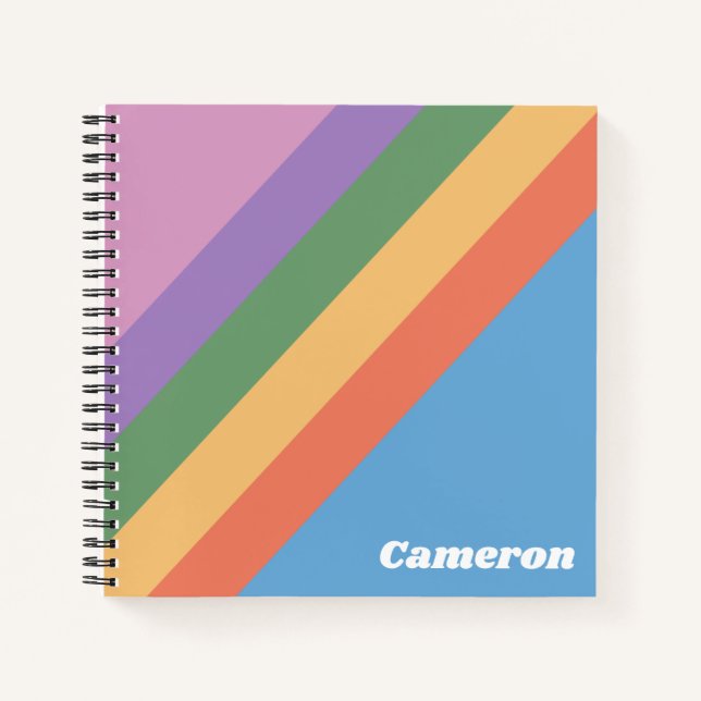 Retro Rainbow Diagonal Stripes Personalised Notebook (Front)