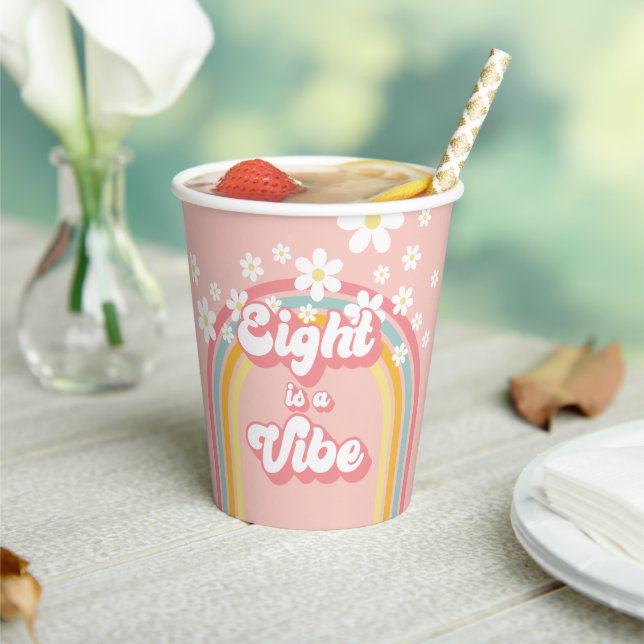 Retro Rainbow Eight is a Vibe Groovy 8th Birthday Paper Cups (Insitu)