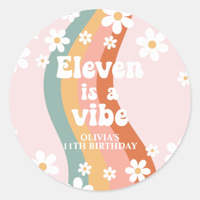 Retro Rainbow Eleven is a Vibe Daisy 11th Birthday Classic Round Sticker (Front)