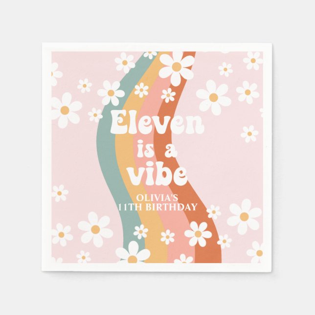Retro Rainbow Eleven is a Vibe Daisy 11th Birthday Napkin (Front)