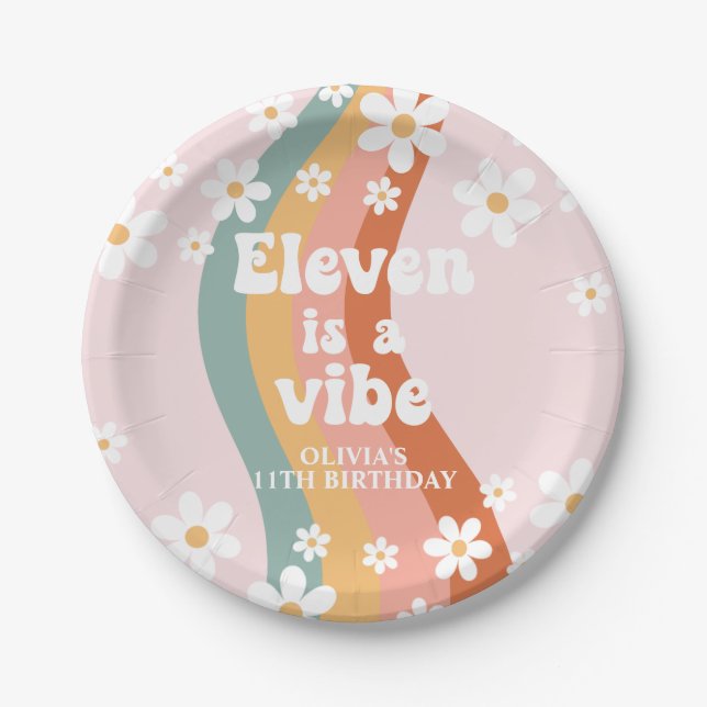 Retro Rainbow Eleven is a Vibe Daisy 11th Birthday Paper Plate (Front)