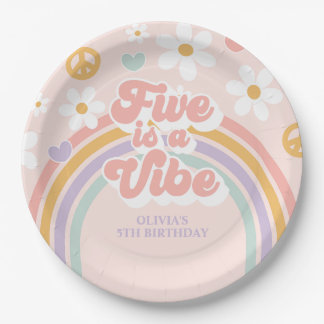 Retro Rainbow Five is a Vibe 5th Birthday Paper Plate