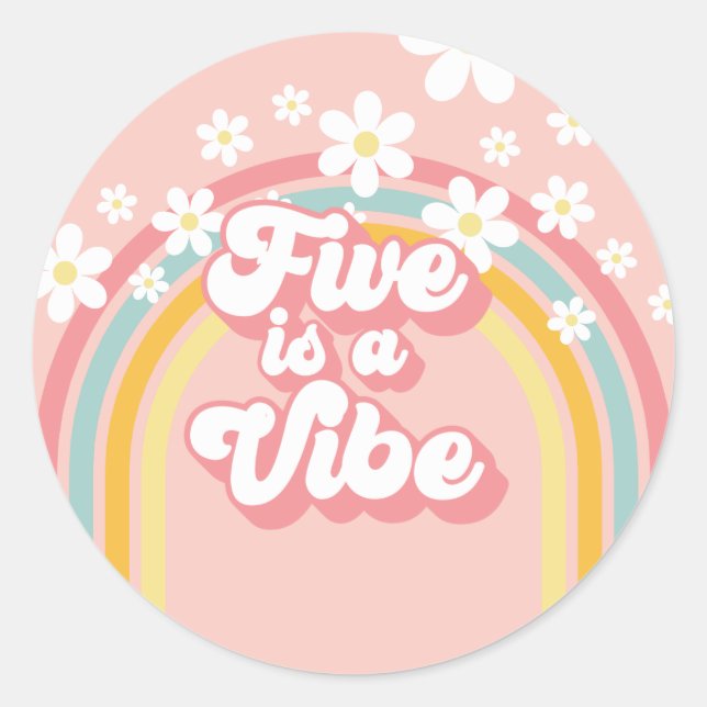 Retro Rainbow FIVE is a Vibe Groovy 5th Birthday Classic Round Sticker (Front)
