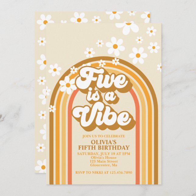 Retro Rainbow FIVE is a Vibe Groovy 5th Birthday Invitation (Front/Back)