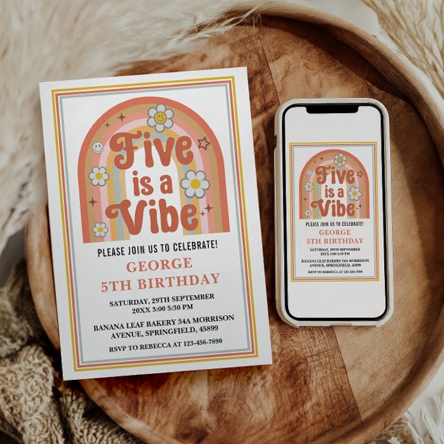 Retro Rainbow FIVE is a Vibe Groovy 5th Birthday Invitation (Creator Uploaded)