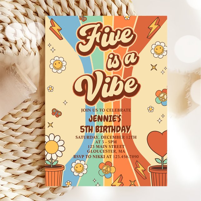 Retro Rainbow Five is a Vibe Groovy 5th Birthday Invitation (Creator Uploaded)