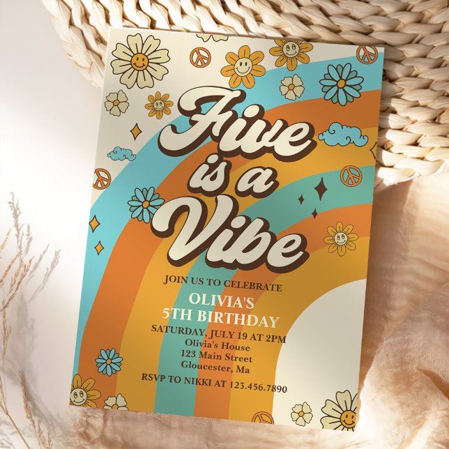 Retro Rainbow Five is a Vibe Groovy 5th Birthday Invitation (Creator Uploaded)