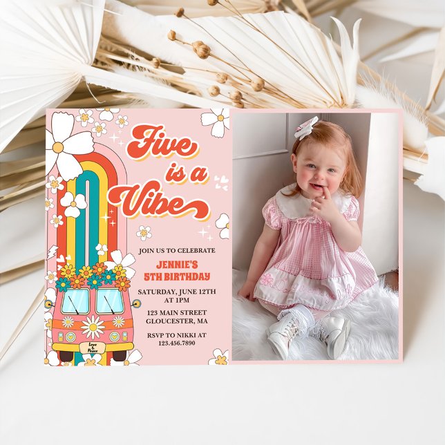 Retro Rainbow Five is a Vibe Groovy 5th Birthday Invitation (Creator Uploaded)