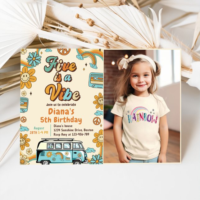 Retro Rainbow Five is a Vibe Groovy 5th Birthday Invitation (Creator Uploaded)