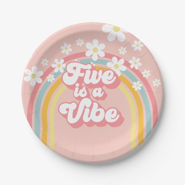 Retro Rainbow FIVE is a Vibe Groovy 5th Birthday P Paper Plate (Front)