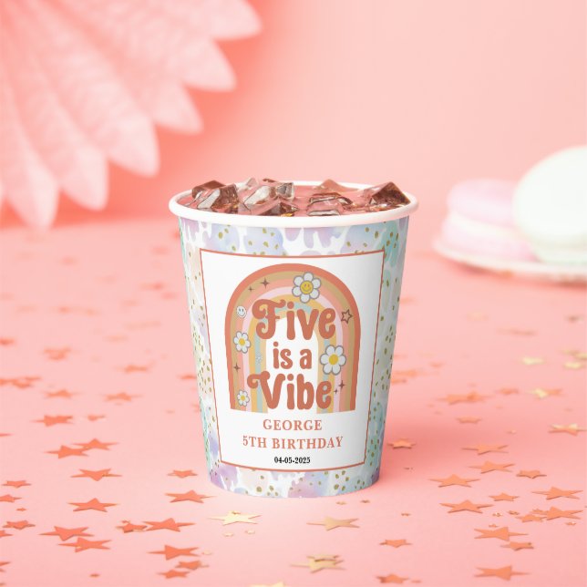 Retro Rainbow FIVE is a Vibe Groovy 5th Birthday Paper Cups (Insitu)