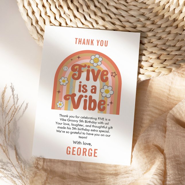 Retro Rainbow FIVE is a Vibe Groovy 5th Birthday Thank You Card (Creator Uploaded)