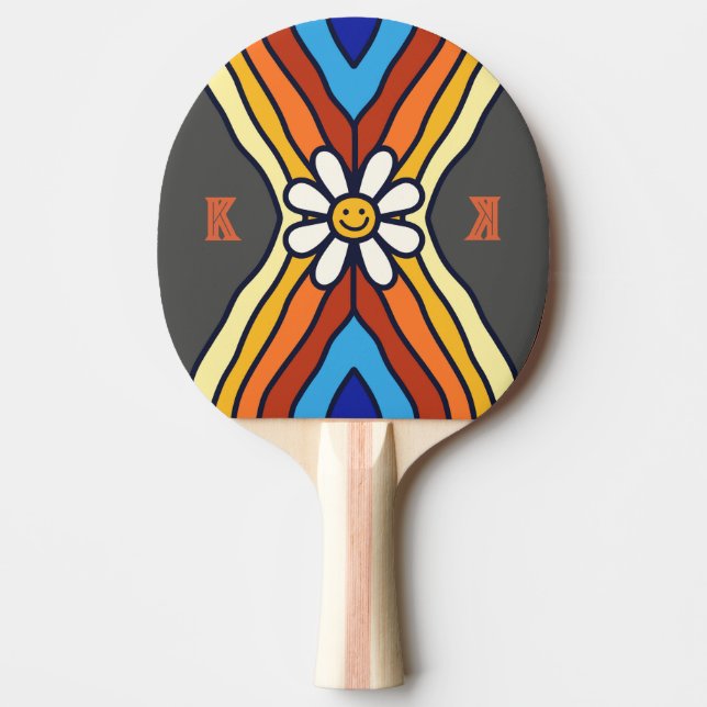 Retro Rainbow Flower Monogram Ping Pong Paddle (Front)