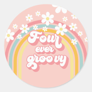 Retro Rainbow Four Ever Groovy 4th Birthday Classic Round Sticker