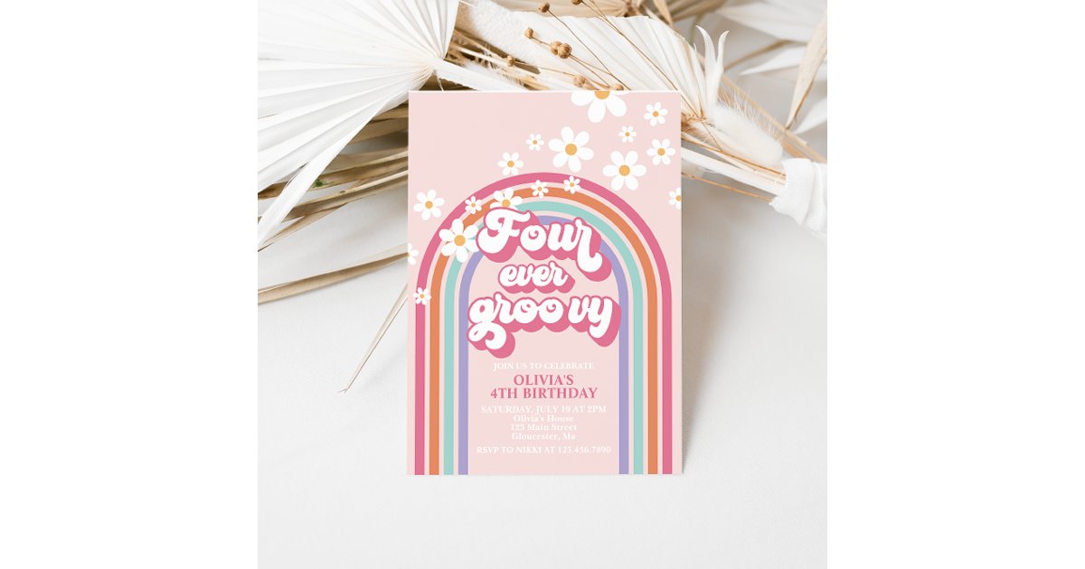 Retro Rainbow Four Ever Groovy 4th Birthday Invitation | Zazzle