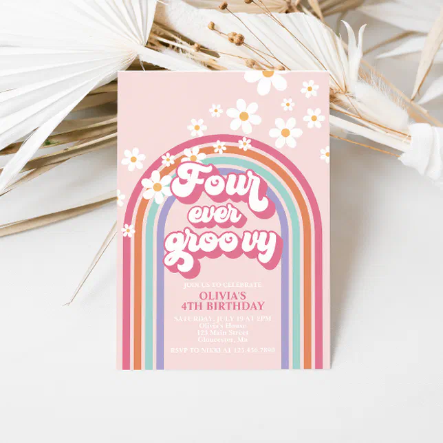 Retro Rainbow Four Ever Groovy 4th Birthday Invitation | Zazzle