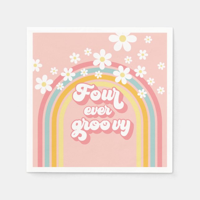 Retro Rainbow Four Ever Groovy 4th Birthday Napkin (Front)