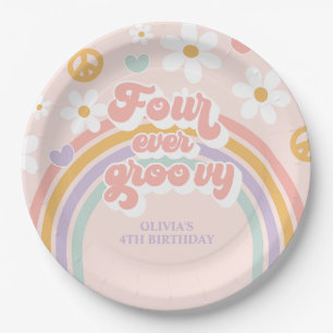 Retro Rainbow Four Ever Groovy 4th Birthday Paper Plate