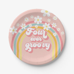 Retro Rainbow Four Ever Groovy 4th Birthday Paper Plate