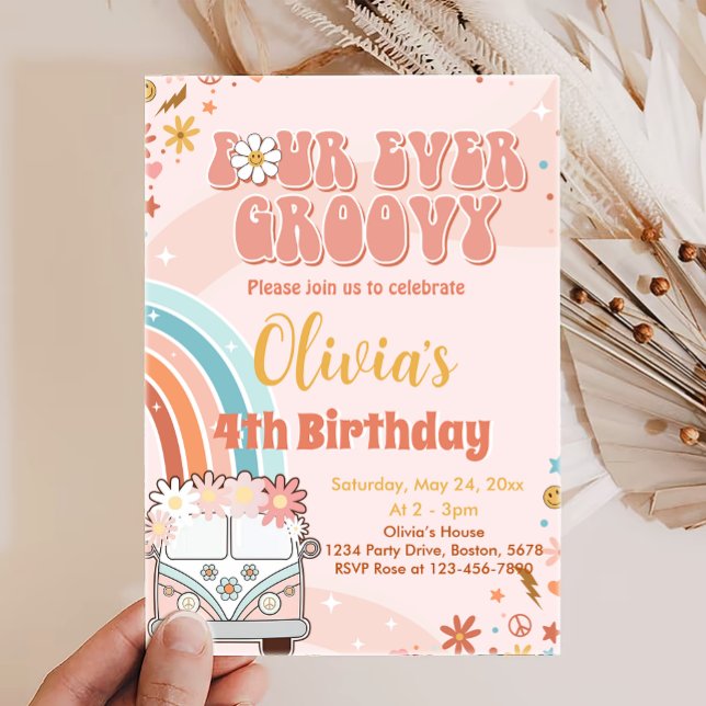 Retro Rainbow Groovy 4th Birthday Invitation (Creator Uploaded)