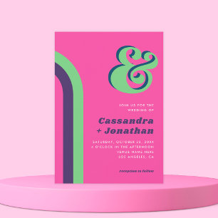 Retro Rainbow Groovy Ampersand Bright Pink Wedding Invitation