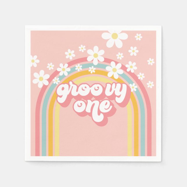 Retro Rainbow Groovy One 1st Birthday Napkin (Front)