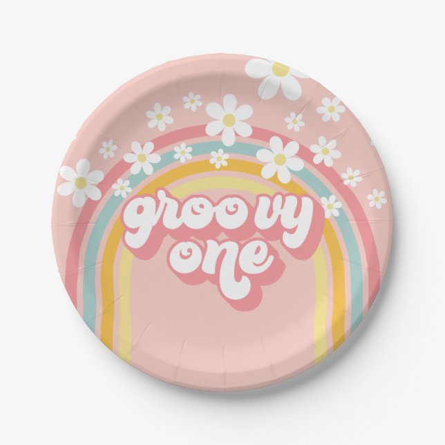 Retro Rainbow Groovy One 1st Birthday Paper Plate (Front)