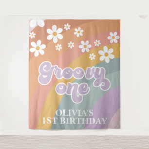 Retro Rainbow Groovy One 1st Birthday Tapestry