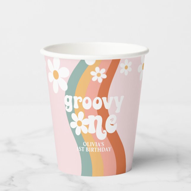 Retro Rainbow Groovy One Daisy Paper Cups (Front)