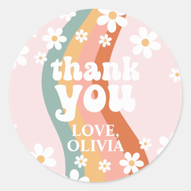 Retro Rainbow Groovy Thank You Classic Round Sticker (Front)