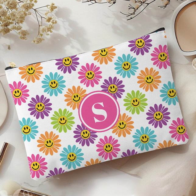 Retro Rainbow Happy Daisy Pattern Monogrammed Accessory Pouch (Creator Uploaded)