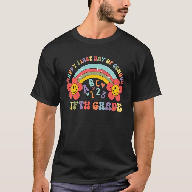 Retro Rainbow Happy First Day Of School Fifth Grad T-Shirt (Front)