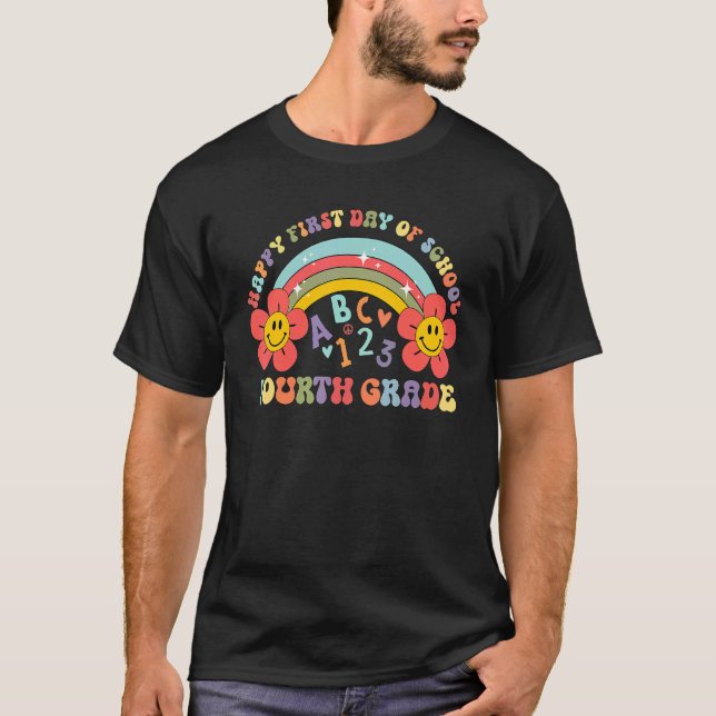 Retro Rainbow Happy First Day Of School Fourth Gra T-Shirt (Front)