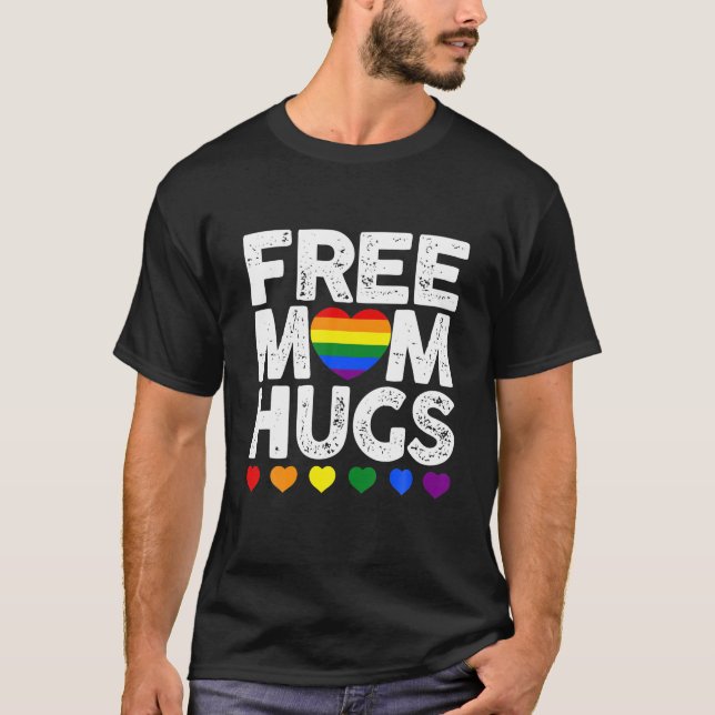Retro Rainbow Heart Love Mum Hugs Gay LGBT Pride T-Shirt (Front)