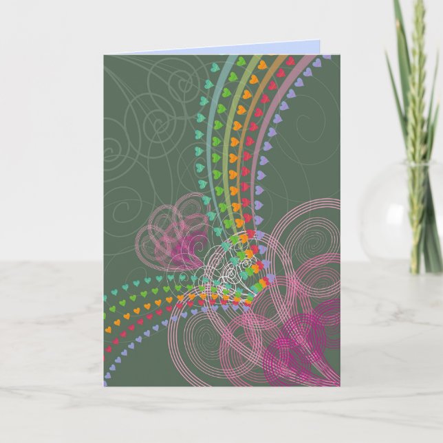 Retro Rainbow Hearts And Pink Swirls Fun Valentine Holiday Card (Front)