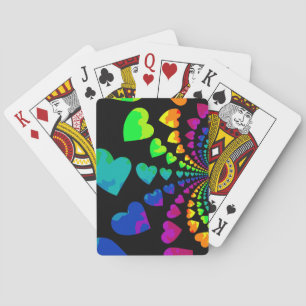 Retro rainbow hearts on black playing cards
