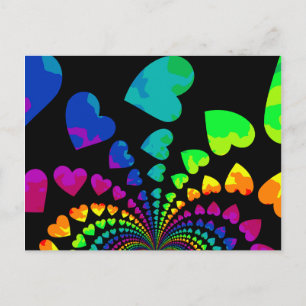 Retro rainbow hearts on black postcard