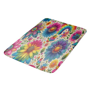 Retro Rainbow Hippie Floral Bath Mat
