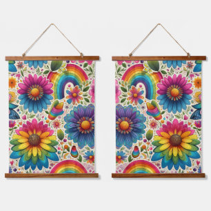 Retro Rainbow Hippie Floral Hanging Tapestry
