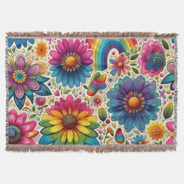 Retro Rainbow Hippie Floral Throw Blanket (Front)