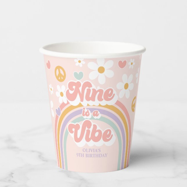 Retro Rainbow Nine is a Vibe 9th Birthday Paper Cups (Front)