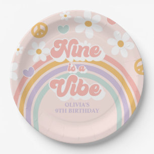 Retro Rainbow Nine is a Vibe 9th Birthday Paper Plate