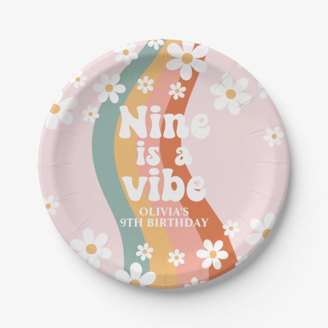 Retro Rainbow Nine is a Vibe Daisy 9th Birthday Paper Plate (Front)